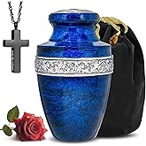 LIFAG Blue Urns for Human Ashes Adult Female & Male with Cross Necklace & Velvet Bag | Handcrafted Marble Finish Metal Cremation Urns for Human Ashes Adult Man | Elegant Burial & Funeral Urn - 220 lbs