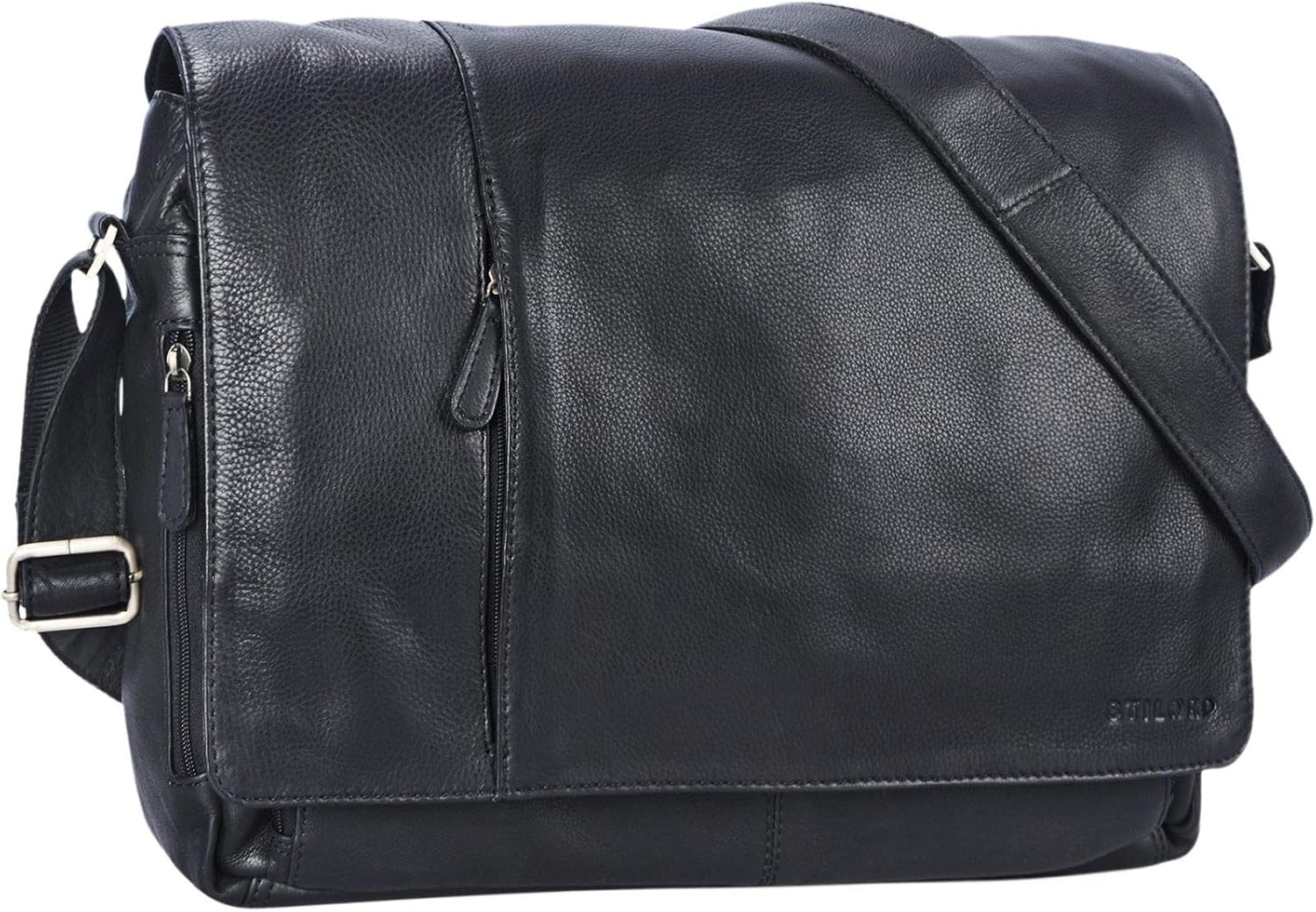 STILORD Black Leather Bag Men Laptop 15.6 inches Messenger Bag Unisex Elegant Shoulder Bag for University Office Freetime in Genuine Buffalo Leather