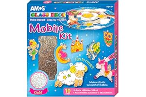 AMOS Glass Deco Window Art Kit — 10.5 ml x 10 Colors — 1 Round Mobile Center + 8 Suncatchers for Kids, Support Ring & String, DIY Hanging Mobile