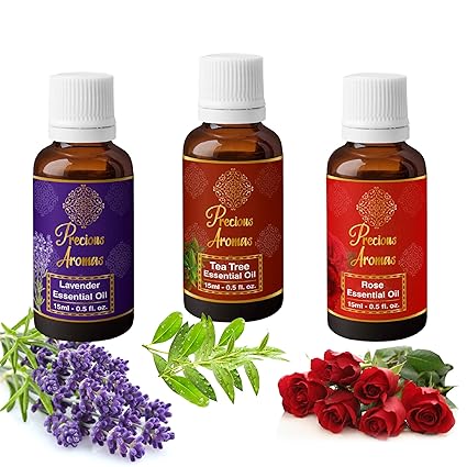 Precious Aromas Lavender, Tea Tree & Rose Essential Oil, 15 ml (Pack of 3)