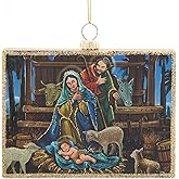 Kurt Adler Holy Family in Manger with Animals - 4.25 Inch Glass Glitter Hanging Holiday Ornament