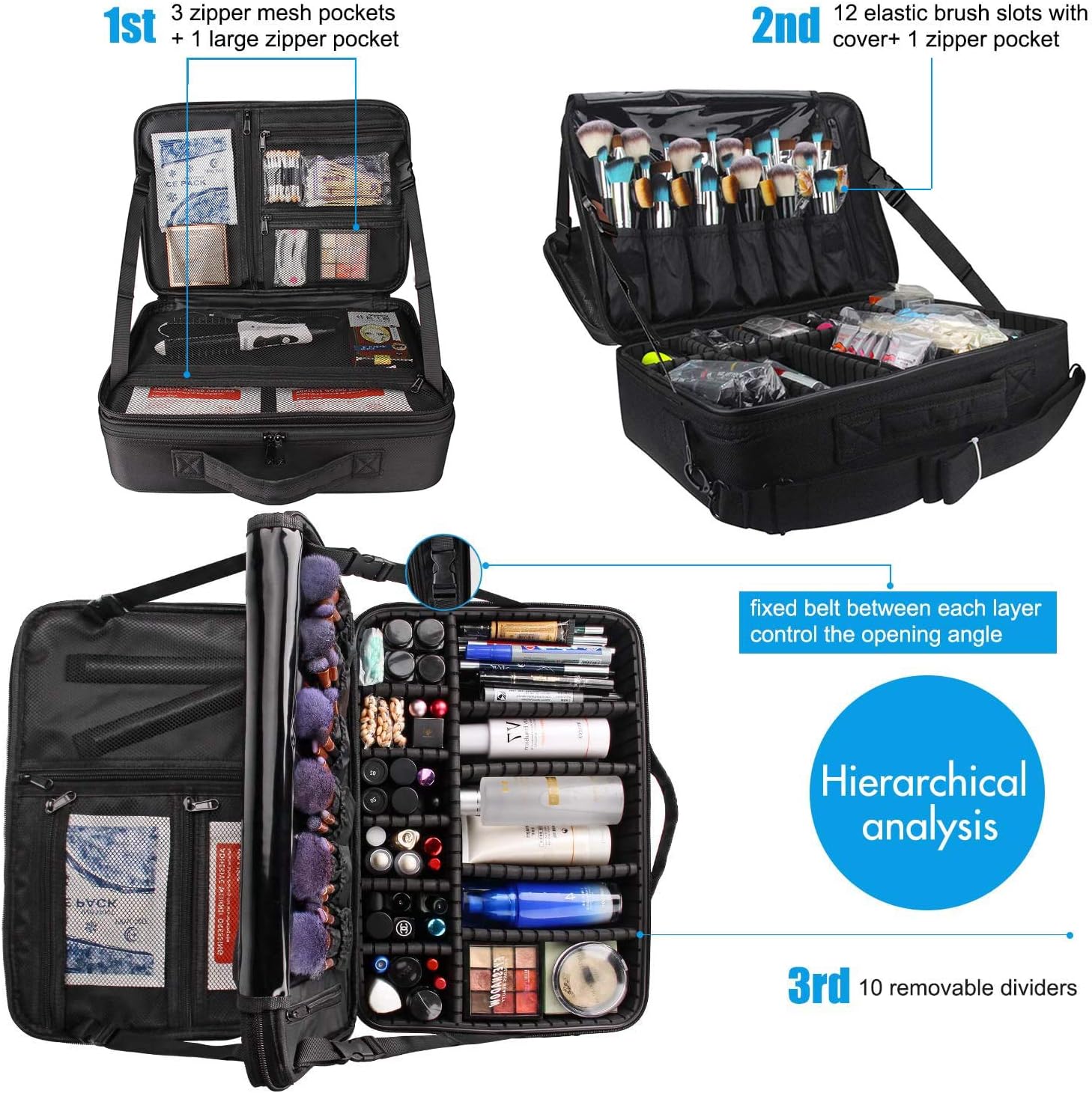 MONSTINA Large Capacity Makeup Case 3 Layers Cosmetic Organizer Brush Bag Makeup Train Case Makeup Artist Box for Hair Curler Hair Straightener Brush Set and Cosmetics : Beauty