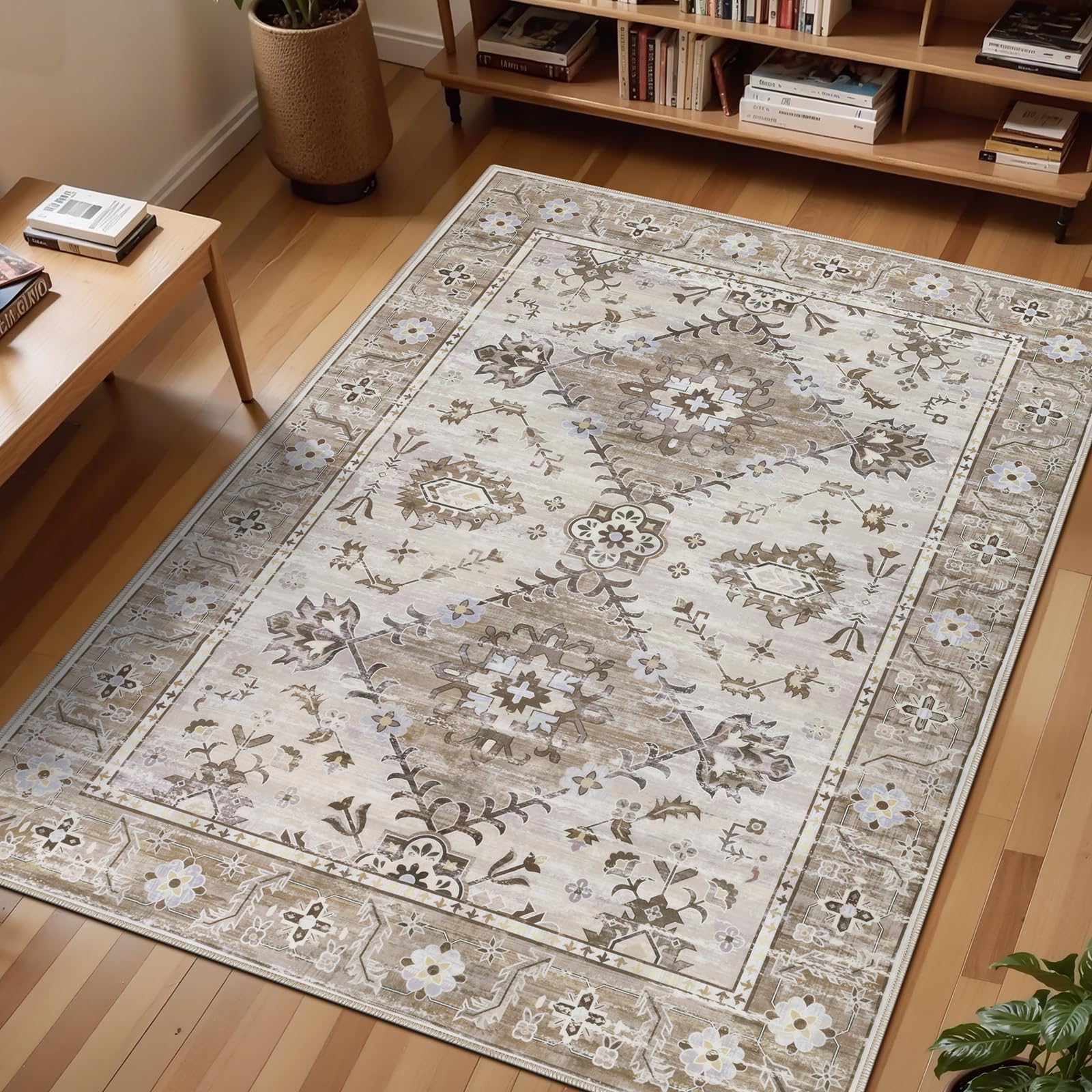 Photo 1 of Ileading Washable Area Rugs 5x7, Vintage Boho Living Room Bedroom Rug Non Slip Distressed Indoor Floor Carpet Low Pile Under Table Mat for Dining Laundry Kids Kitchen Bath Room, Beige&Brown