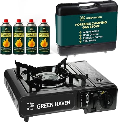 Green Haven Portable Camping Stove with Case and Four Butane Cartridges EN417