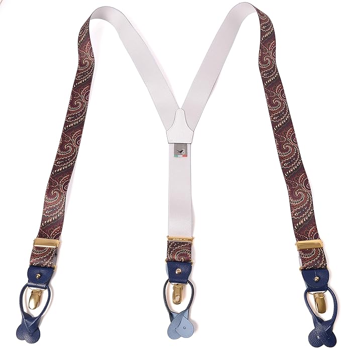 Amazon Bretelle Braces イタリアハンドメイドサスペンダー エラスティックタイプ ペイズリー柄 グリーン オレンジ マゼンタ メンズ ブランド36mm Y型2in1 ブレイシーズ Var 103 サスペンダー 通販