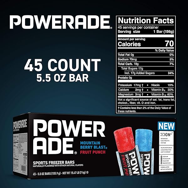 POWERADE SPORTS FREEZER BARS, GIANT SIZED 5.5 OZ REFRESHING ICE POPS WITH ELECTROLYTES B VITAMINS – NATURALLY FLAVORED, MOUNTAIN BERRY BLAST AND FRUIT PUNCH, 45 TOTAL FREEZER BARS