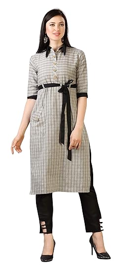 Women's Cotton Collar Neck A-Line Grey Kurti with Pocket & Belt