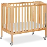 Dream On Me 3 in 1 Portable Folding Stationary Side Crib in Natural, Greenguard Gold Certified, Safety Wheel with Locking Casters, Convertible, 3 Mattress Heights