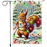 Winter Garden Flag 12x18 Inch Double Sided Burlap Hello Squirrel Wrapped in Christmas Lights Seasonal Outdoor Holiday Yard Decor for Winter Welcome