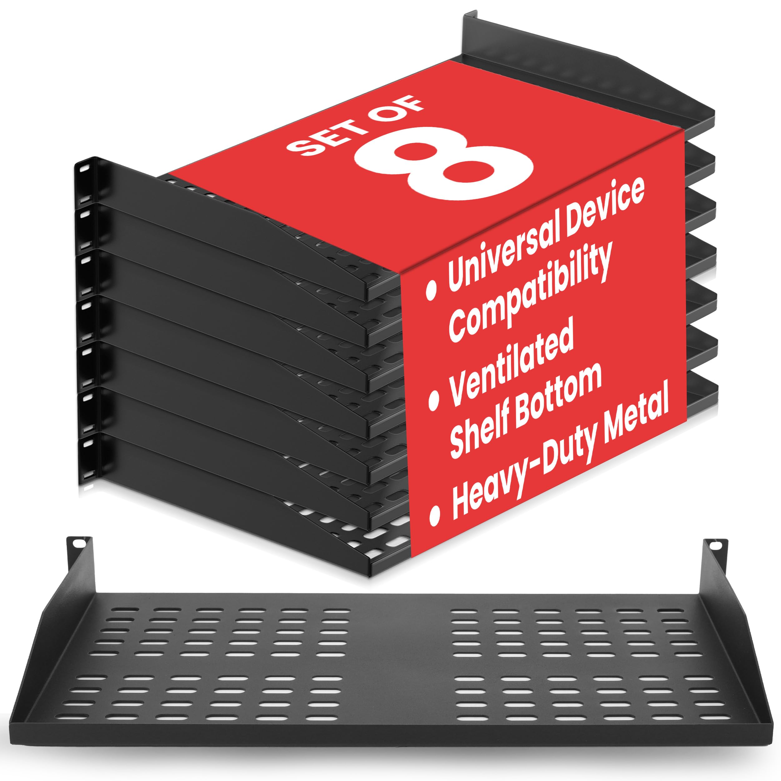 Pyle 19-Inch 1U Server Rack Shelf - 8 pcs. Vented Metal Shelves for Optimal Airflow, Wall or Rack MountableSupports up to 110 lbs, 17 x 10’ Shelf Tray for Cabinets, Computers & Network Equipment Image