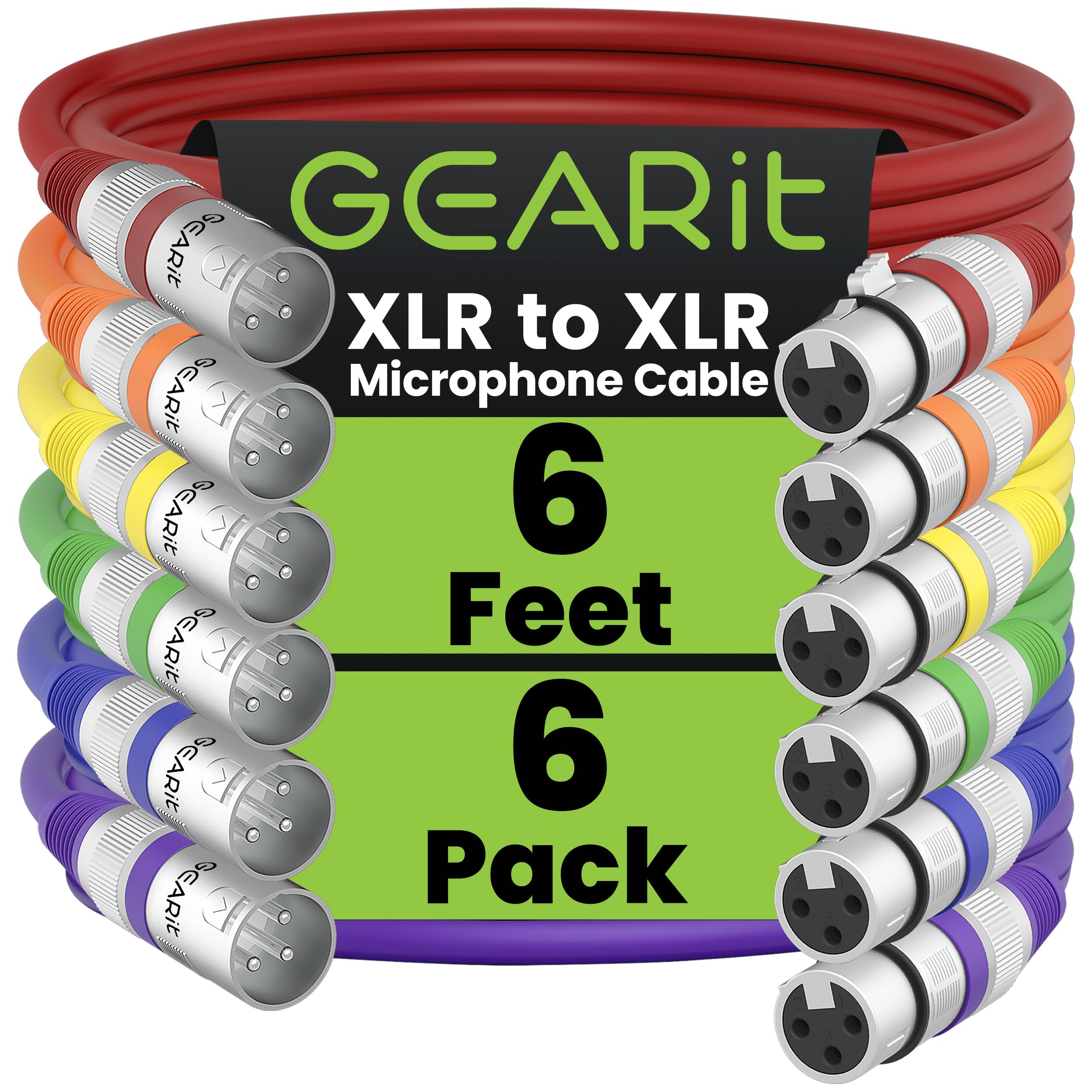 GEARit XLR Microphone Cable (6 Feet, 6 Pack) - 6Ft XLR Male to Female Mic Cable for Mixer, Studio, Podcast - Multi Colored, Shielded