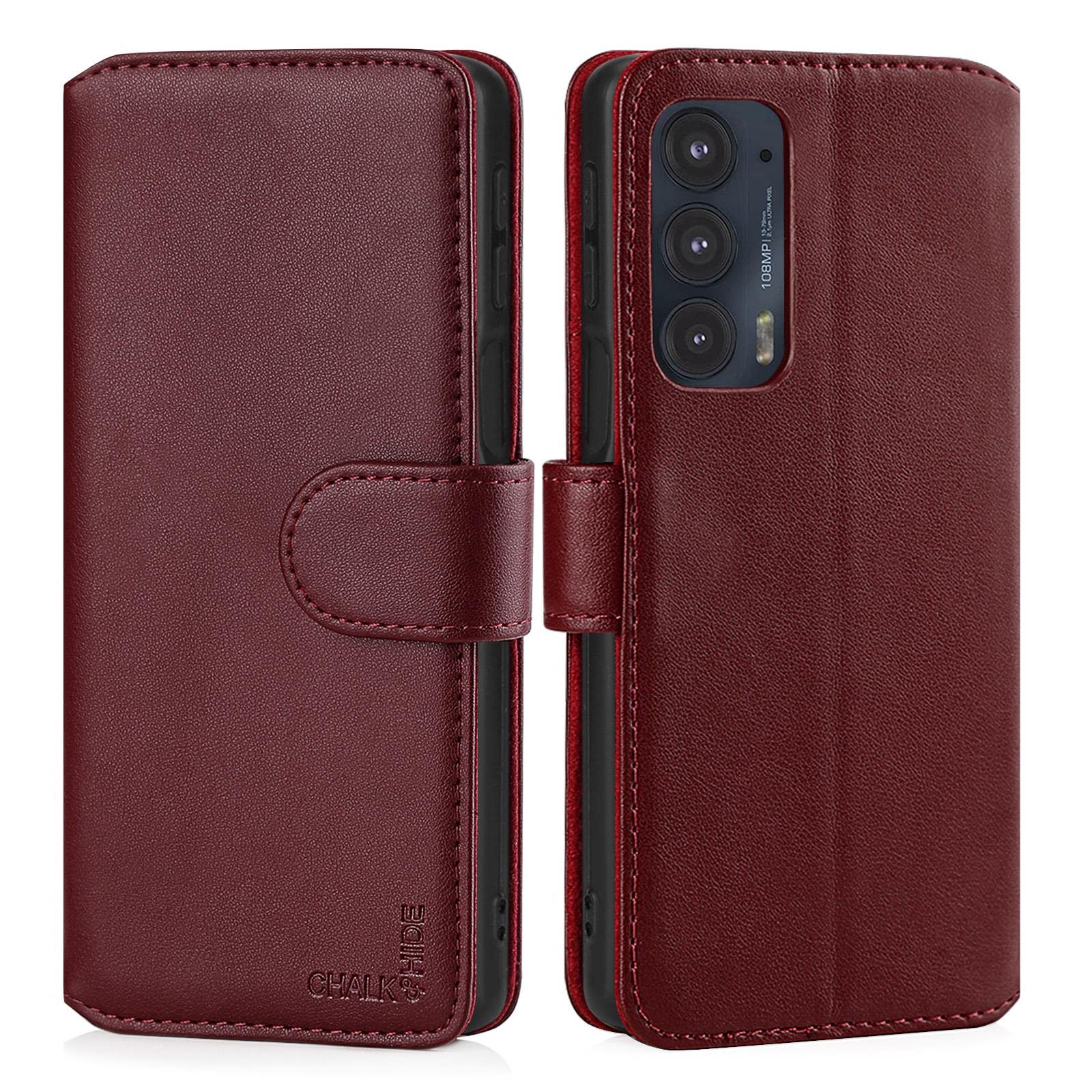 CHALK & HIDE - Real Leather Book Wallet Flip Case Cover For Motorola Moto Edge 20, Real Leather Design With Card Slot, Magnetic Closure and Built In Stand - Burgundy