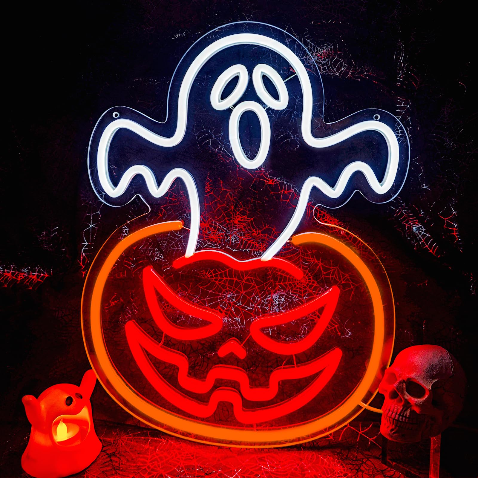 Photo 1 of ADKALIV Ghost Pumpkin Halloween Window Lights Neon Signs for Indoor Wall Decor, Halloween LED Neon Light Decoration Sign for Party Doors Window (Ghost Pumpkin)