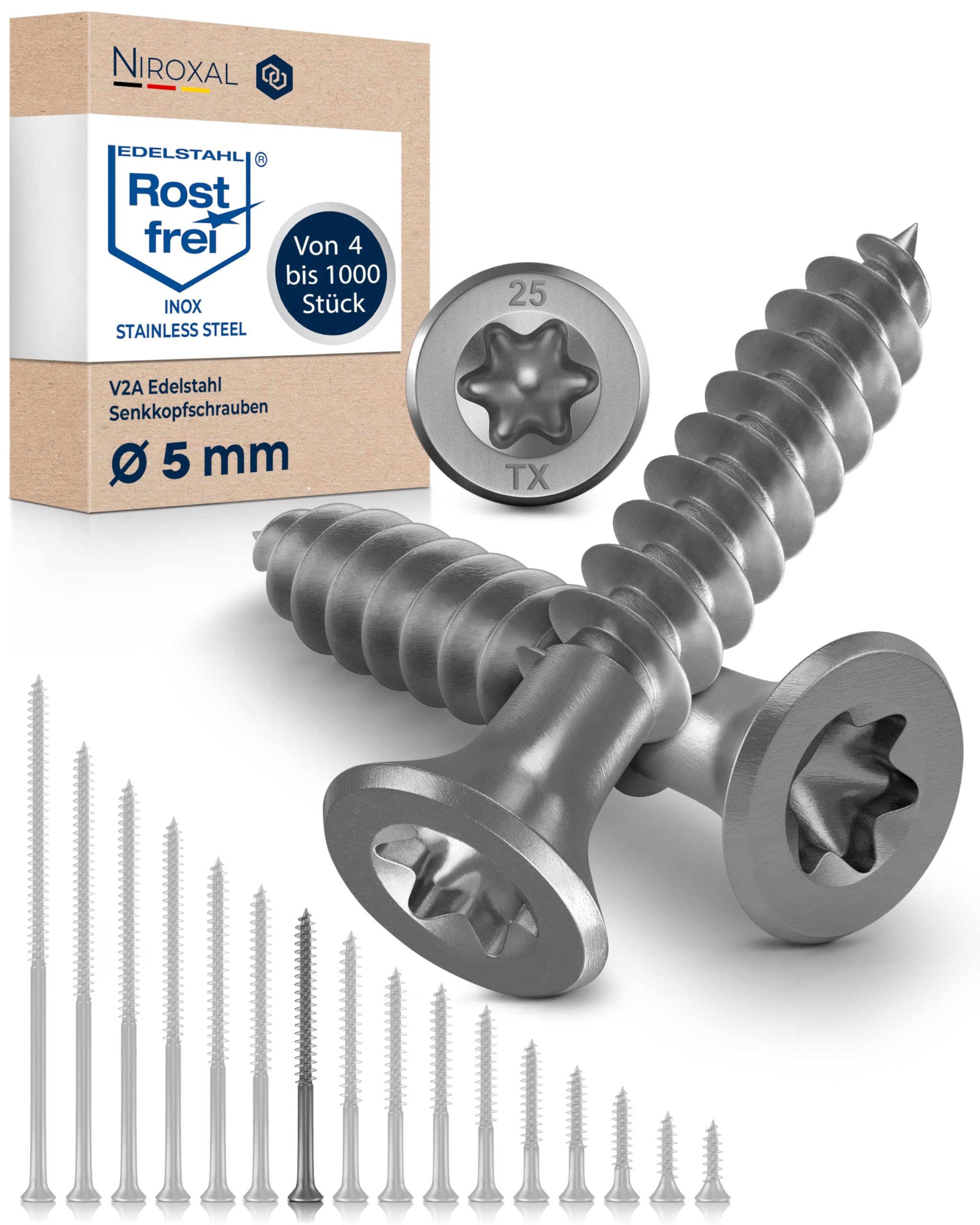 Wood Screws 5x60 mm Stainless Steel 304 Torx Countersunk Head Partial Thread Chipboard Screws Pack of 400 NietFullThings