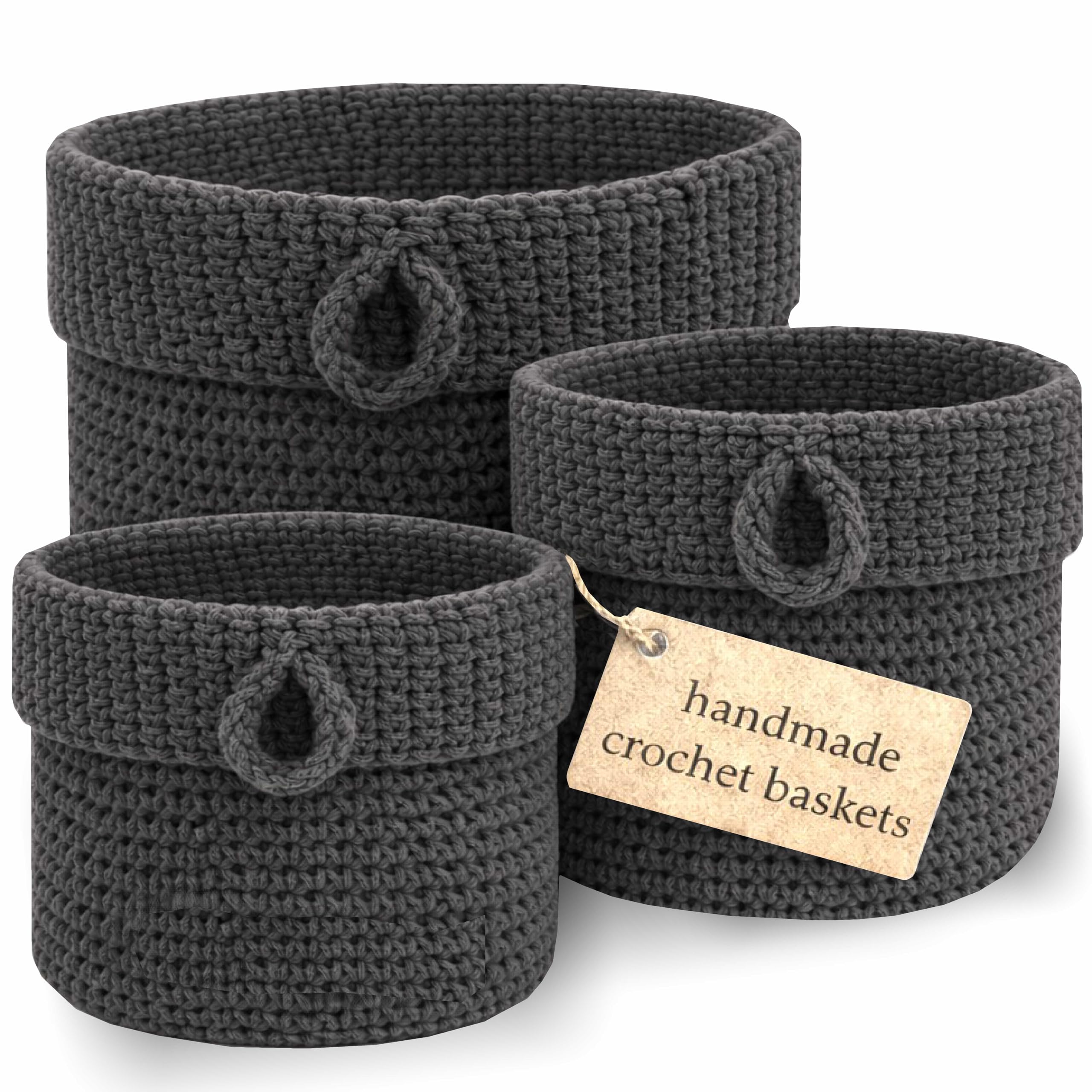 Round Storage Baskets, Set of 3, Grey, Fabric Basket Organisers, Woven Knitted, Baskets, Grey, Woven Storage Rope Basket