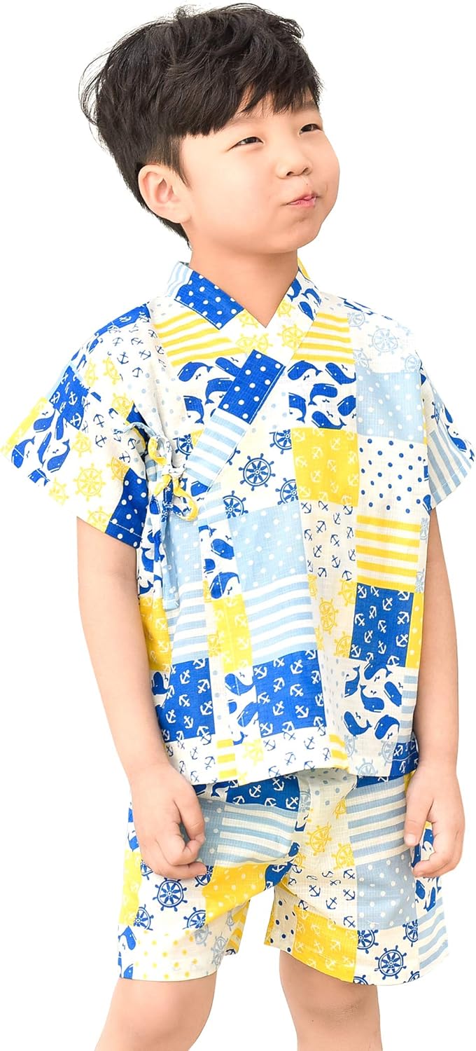 Amazon Co Jp Followdream Jinbei Boys Children Yukata Top And Bottom Set Children S Clothes 100 Cotton Japanese Fabric Ships Pattern Thin Summer Kimono Clothing Bondance Pajamas Loungewear Summer Festivals Fireworks Festivals 35 4 55 1