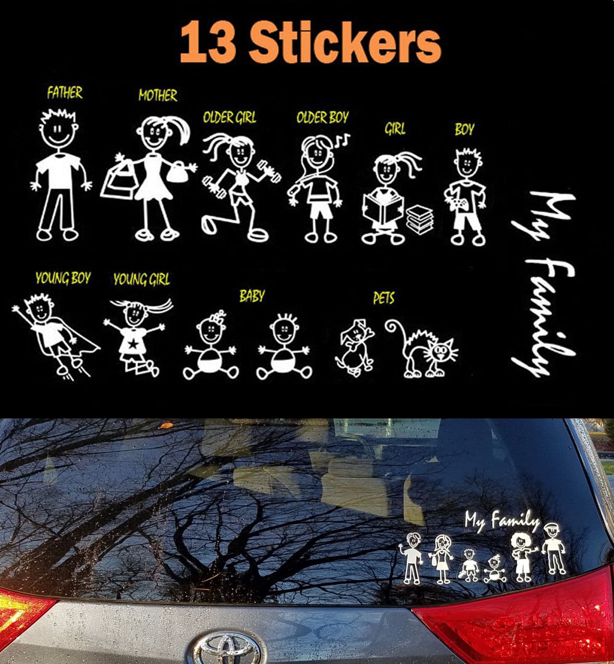 TOTOMO 13 Stick Figure My Family Car Stickers (Style#2) with Pet Dog Cat Family Car Decal Sticker for Windows Bumper