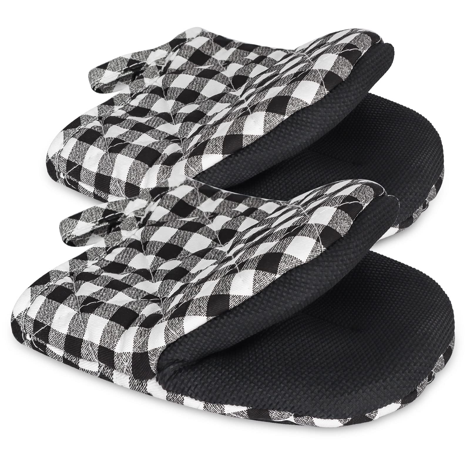 Goldmeet 1 Pair Short Oven Mitts, Heat Resistant Silicone Kitchen Mini Mitts for 500 Degrees, Grip Surfaces and Hanging Loop Gloves Baking Barbecue Microwave Machine Washable Black & White Grid