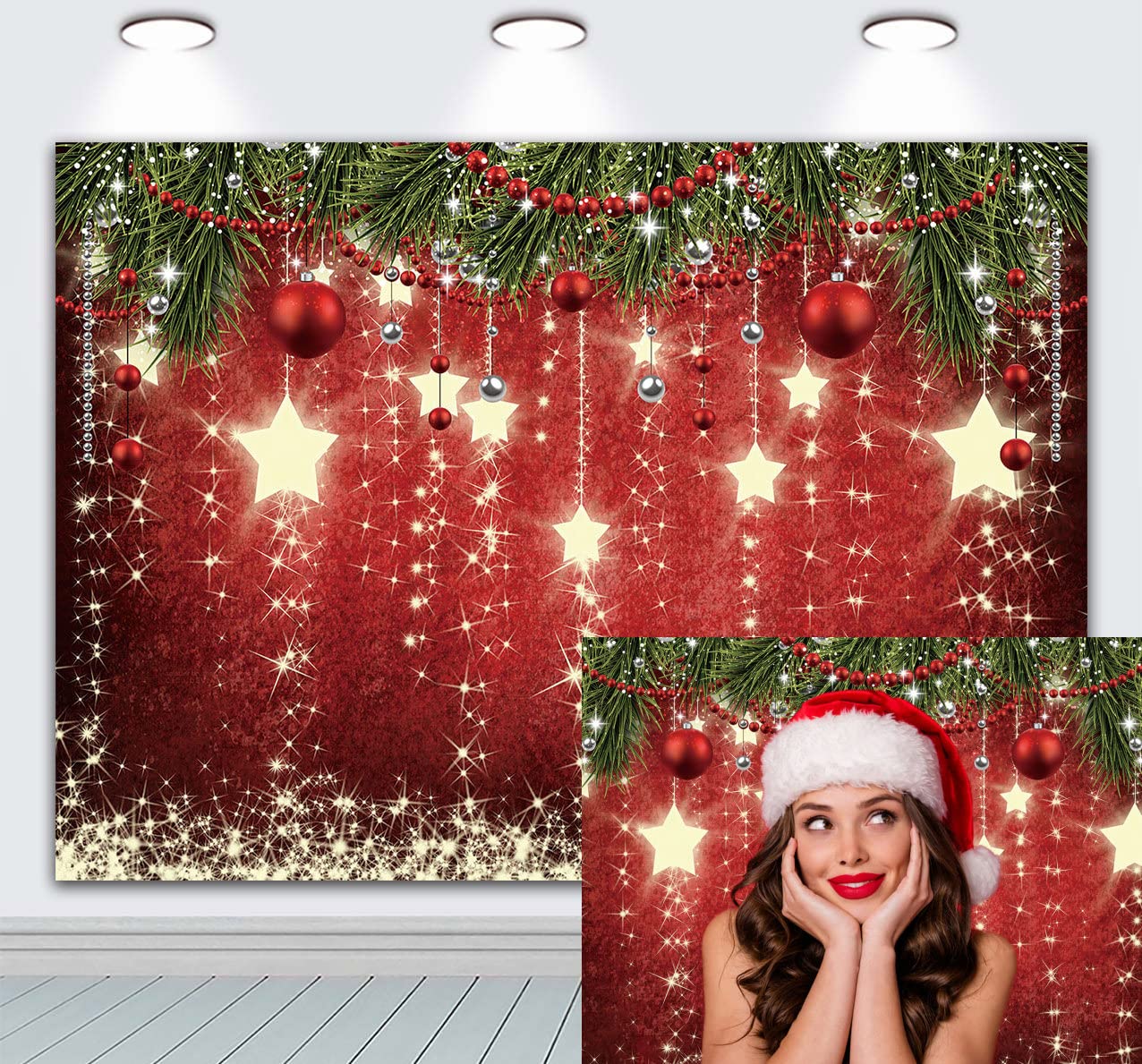 INRUI Red Christmas Photography Background Glittering Stars Christmas Party Children Newborn Photo Backdrop (7x5FT)