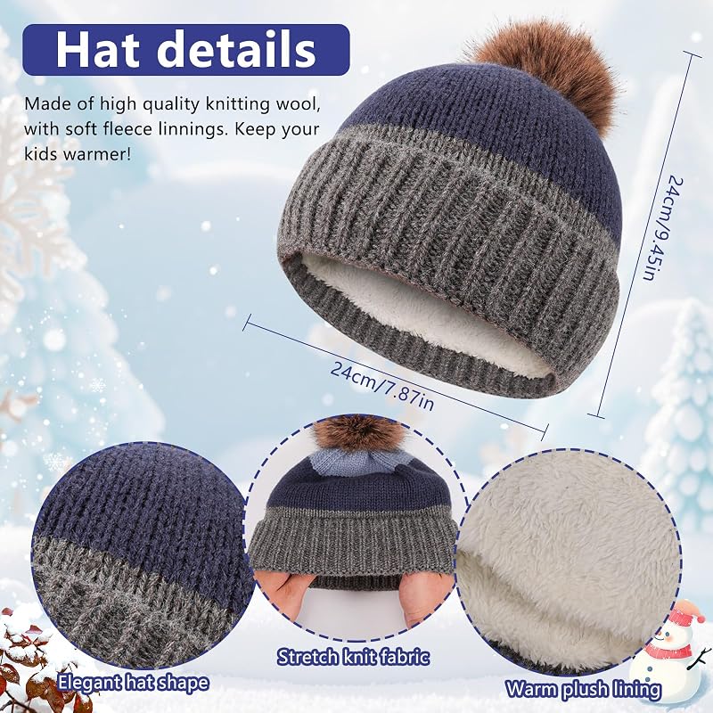 Conjunto de chapéu e cachecol de inverno para crianças, chapéu quente de malha de inverno, aquecedor de pescoço, luvas mágicas às riscas para crianças dos 5 aos 12 anos — foto 3 de 7