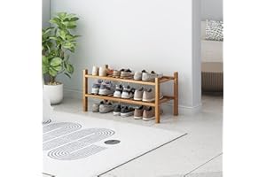 KSKSPE 2-Tier Free Standing Shoe Racks, Stackable | Beautiful | Natural | Functional | Sturdy, Bamboo Shoe Rack For Hallway Closet Living Room Entryway Organizer (2-Tier)