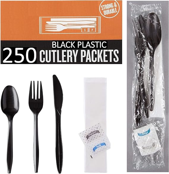 250 Plastic Cutlery Packets Knife Fork Spoon Napkin Salt