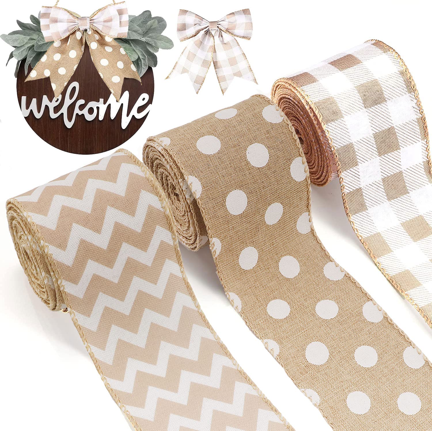 Photo 1 of 3 Rolls Burlap Wired Ribbons 15 Yards Stripe Dot Buffalo Plaid Pattern Wrapping Gingham Grosgrain Ribbon for DIY Crafts Party Home Decoration, 2.5 Inch x 15 Yards