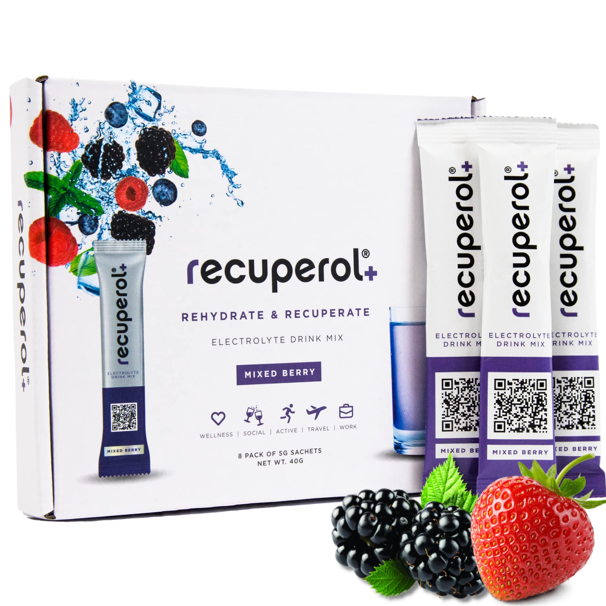Recuperol Electrolytes Sachets - Rehydration Electrolytes Powder with Zinc, Vitamin C, B12, D3 & Potassium for Hydration - Sugar Free, Vegan & Low Calorie - Mixed Berry 8 Pack