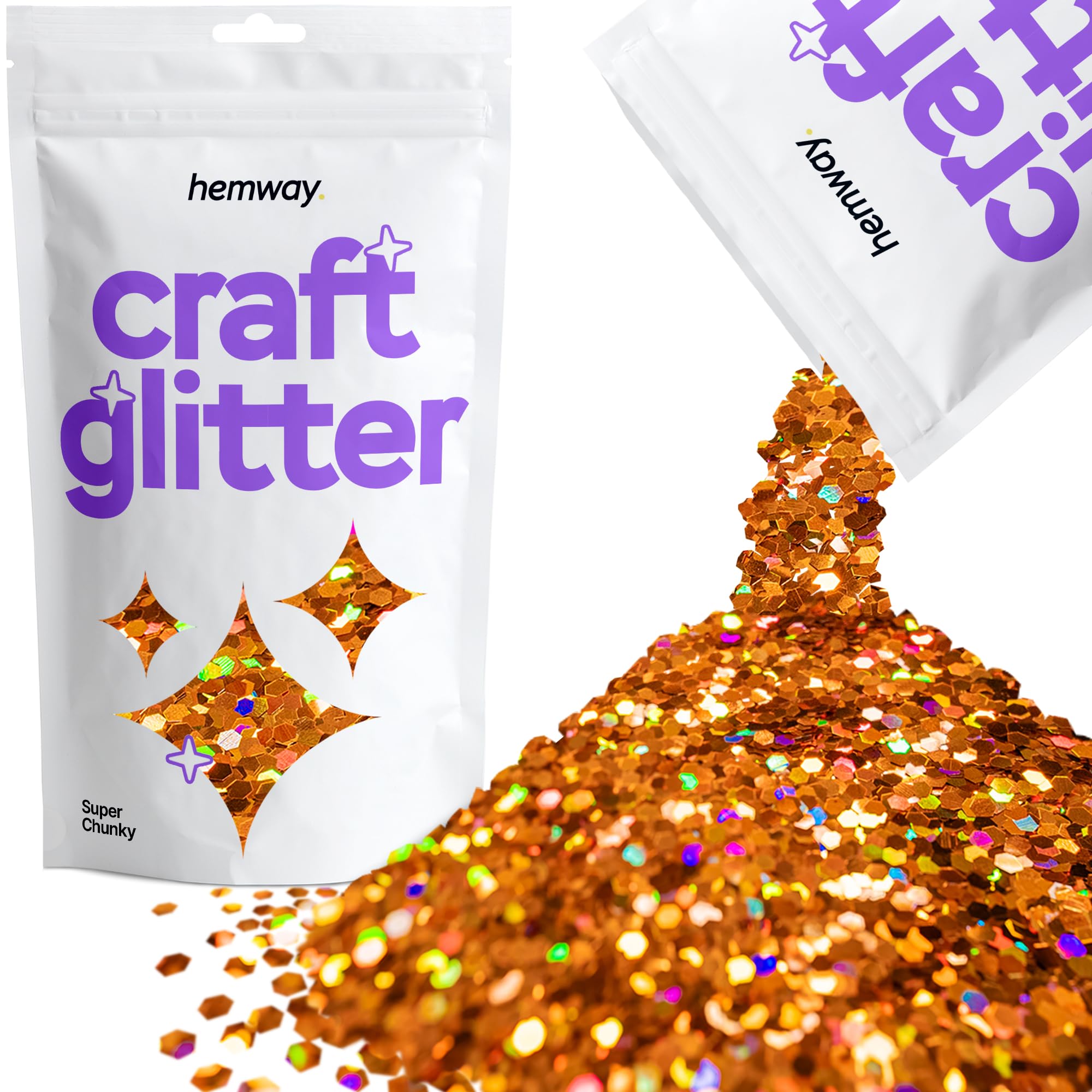 Hemway Craft Glitter Copper Holographic 100g Super Chunky Glitter for Crafts, Resin, Cosmetic, Nail, Face, Body, Festival, Tumblers, Art, Candle, Crafting