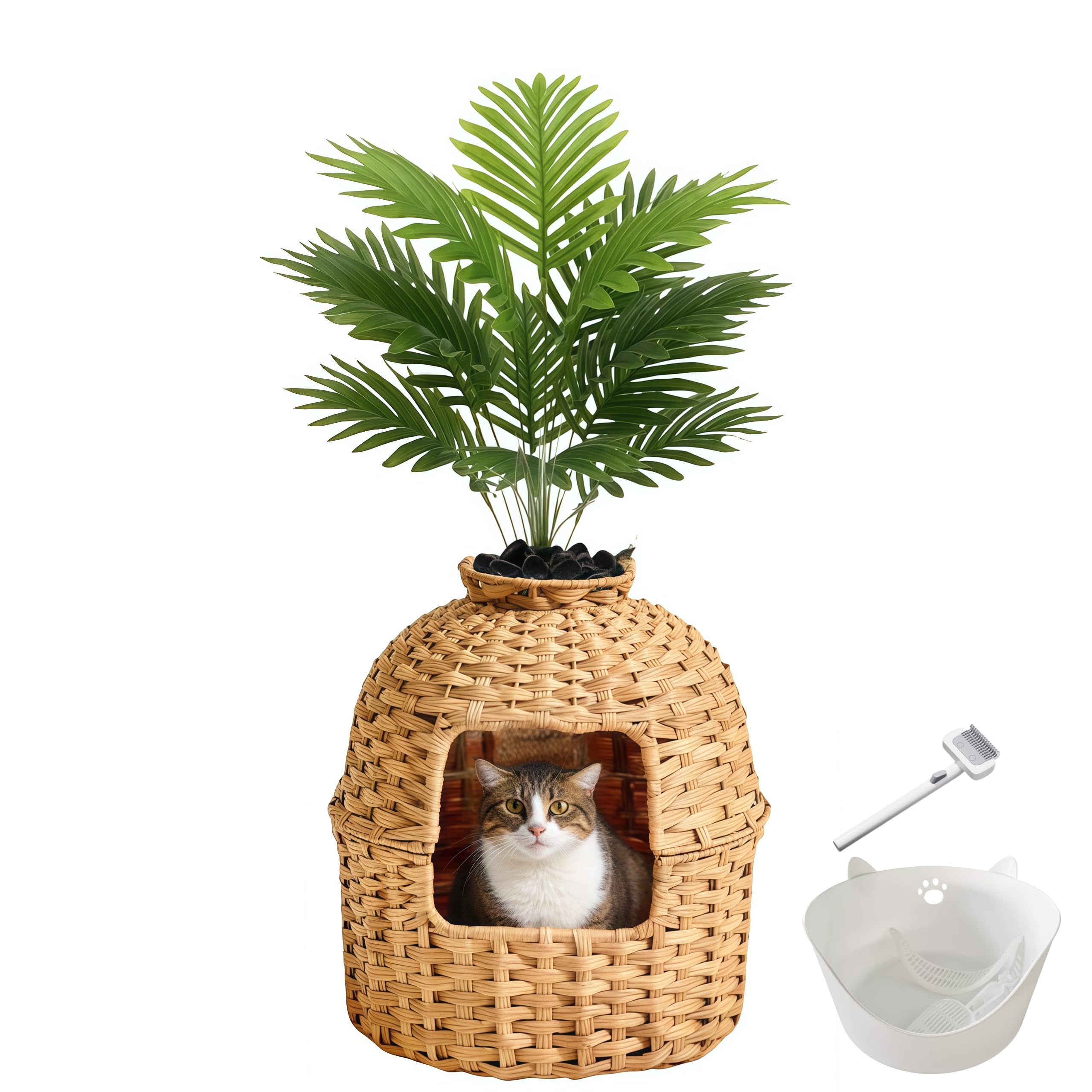 Photo 1 of Cat Litter Box Enclosure Furniture with Artificial Plant - Handwoven Rattan Round Planter, Hidden Odor Control System, Easy Clean, for Living Room, Bedroom, Corner, Natural Decor