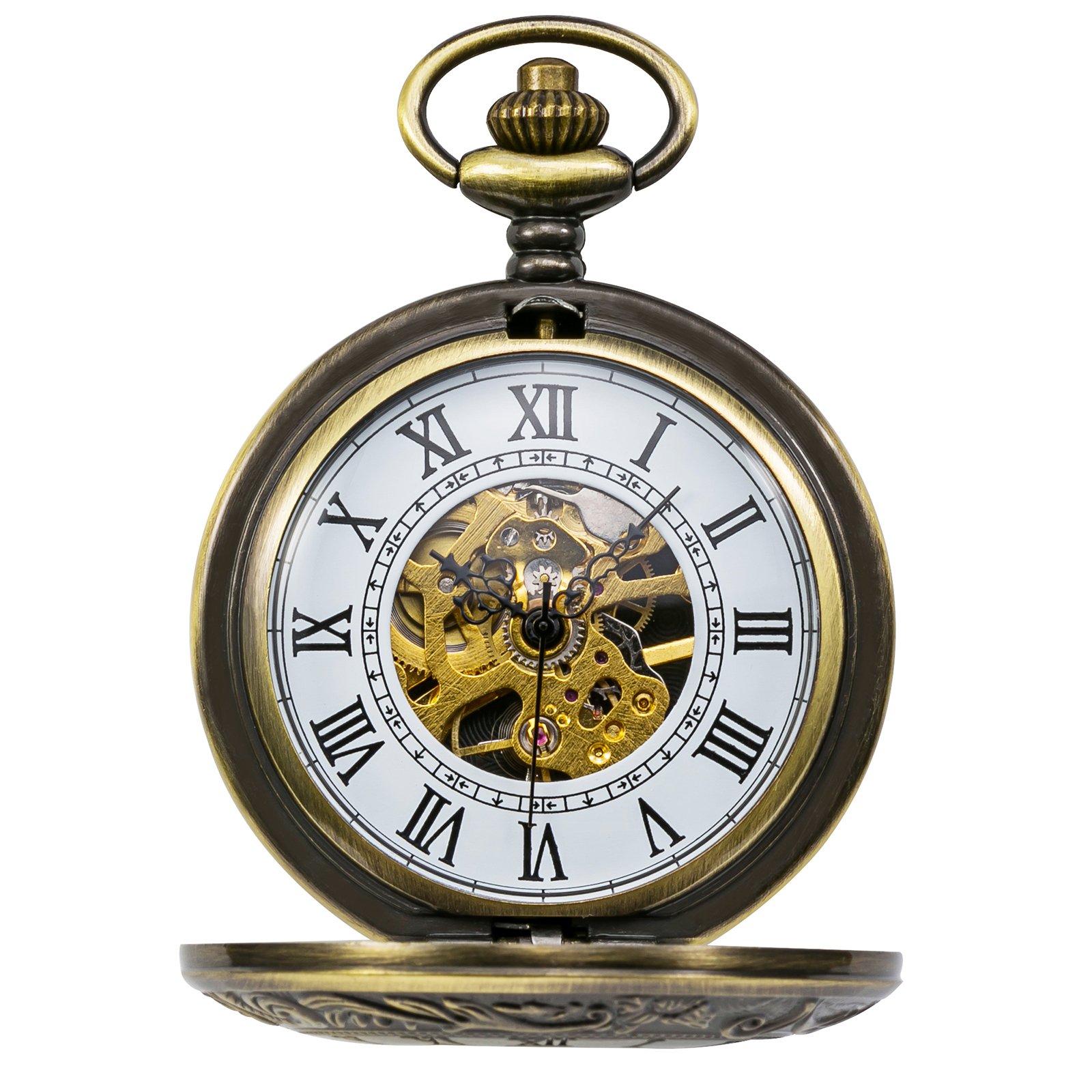 TREEWETO Mens Skeleton Mechanical Pocket Watch, Retro Roman Numerals, Half Hunter, Bronze