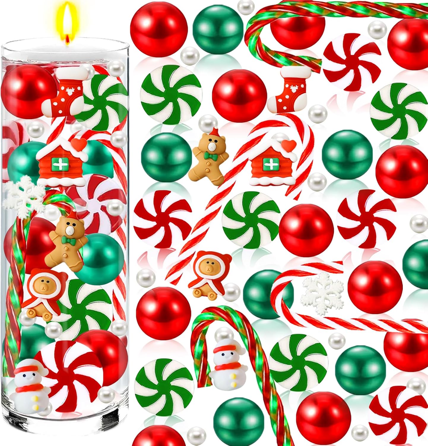 Vase Fillers - 8071Pcs Christmas Vase Filler Water Gel Beads for Vases Decor, Acrylic Green Red Candy Canes Centerpiece Table Decorations, Xmas Floating Pearls Candles for Centerpieces New Year Home Party (C)