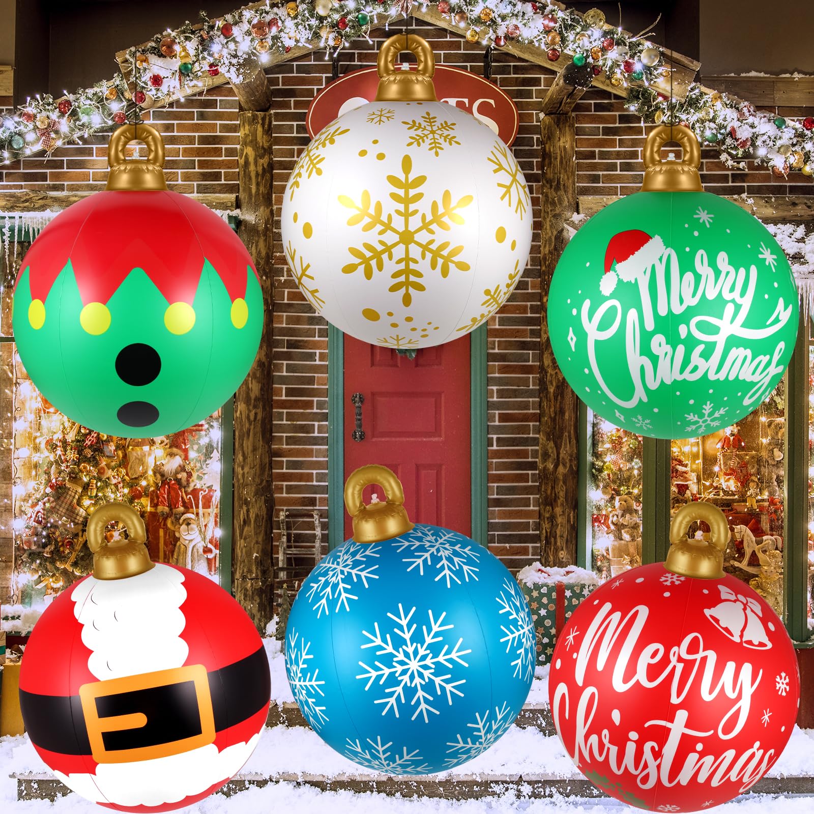 Photo 1 of 6 Pcs 24 Inch Inflatable Ornaments Balls Outdoor, Giant Inflatable Ornaments, Reusable Blow Up Christmas Ornaments, PVC Inflatable Christmas Balls Decorations for Yard | Tree | Lawn | Pool