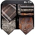 Hi-Tie 3 Pcs Gift Box Mens Tie Set Necktie with Pocket Square Cufflinks Lapel Pin Silk Neck Tie Collection