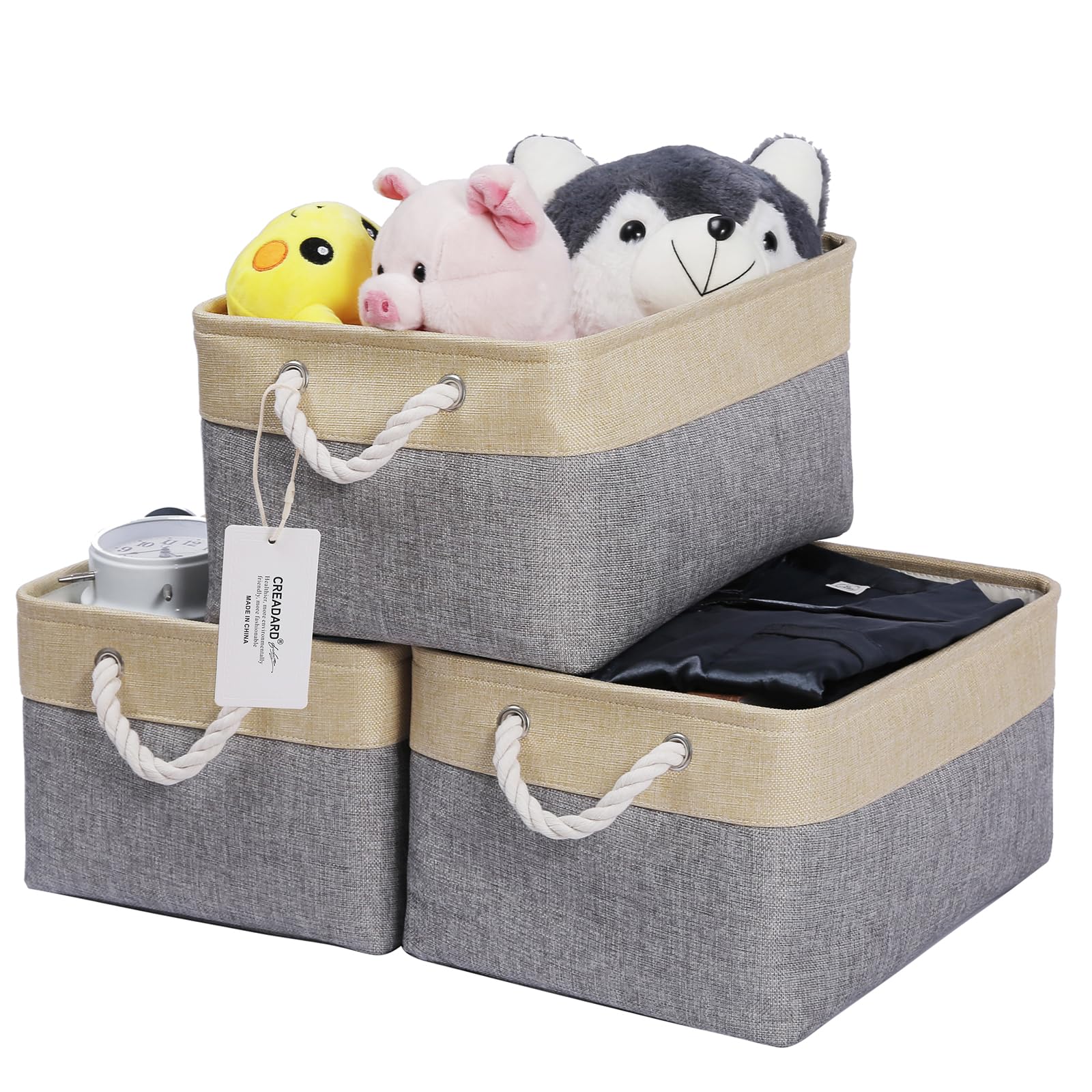 CREADARD Small Storage Box with Cotton Handles, Fabric Foldable Linen Canvas Wardrobe Storage Baskets for Living Room, Laundry Room, Kids Room and Bedroom (GreyBeige 3pcs)