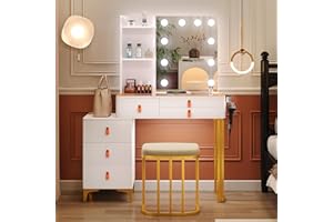 Makeup Vanity with Hollywood Mirrors and 10 Lights, Glass Top Vanity Desk with Charging Station and Human Sensor Light, Dress
