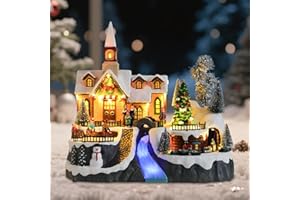 WONDER GARDEN Christmas Village Houses Church House Villages with Rotating Tree,Moving Train and Dancing Kids Musical Lighted Christmas Collectible Buildings for Indoor Decor or Gift