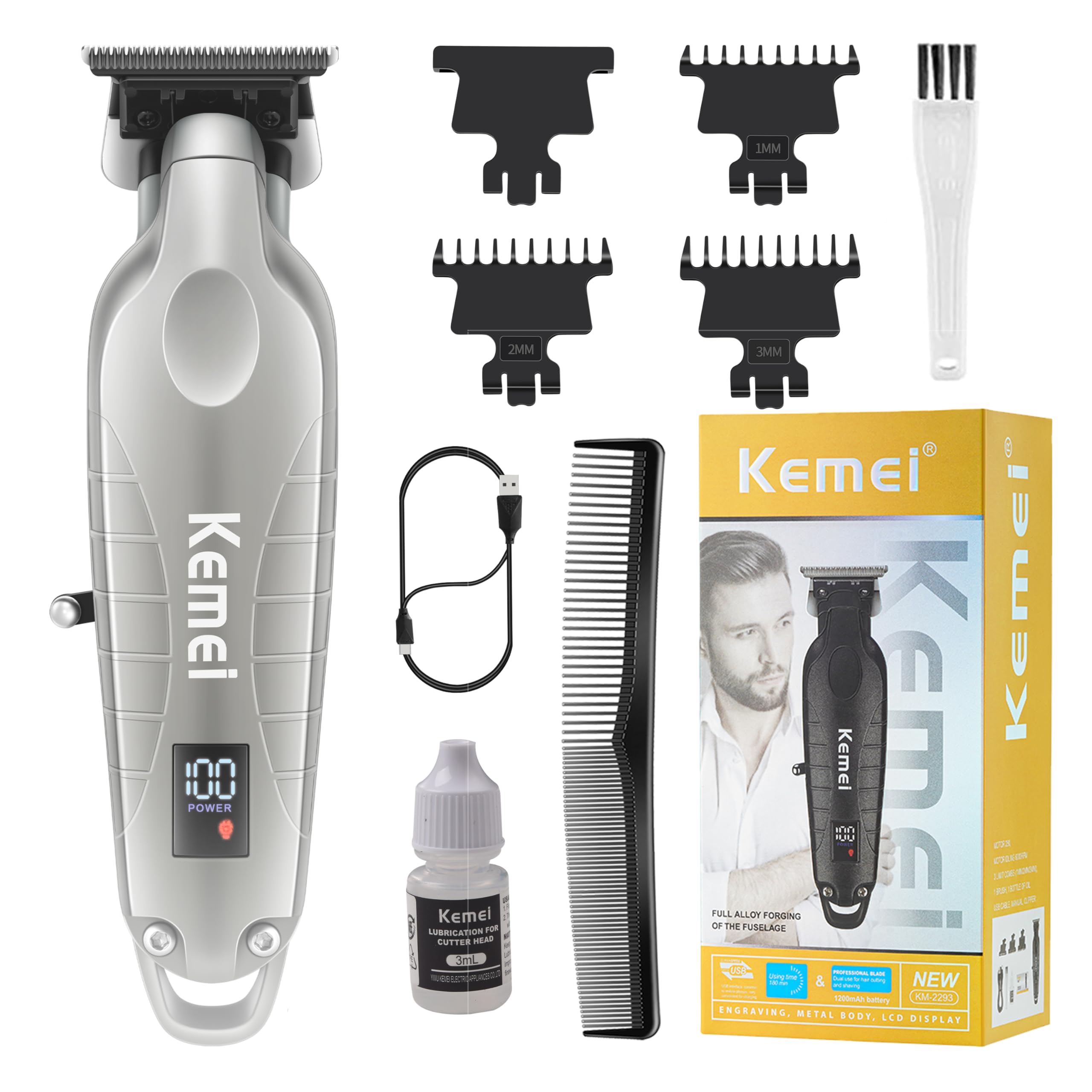 KEMEI 2293 Professional Hair/Beard Trimmer for Men Zero Gapped Hair Clippers for Barber with T Blade, Cordless Rechargeable, Silvery