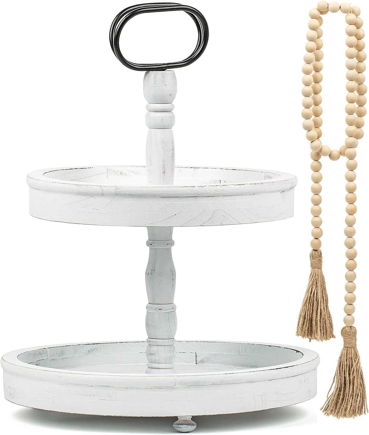 Refurnity 2 Tier Tray and Wood Bead Garland Farmhouse Tiered Tray, Wooden Decorative Serving Stand, Distressed, Rustic for Kitchen Island, Seasonal Decor, Cake, Cupcake Display White