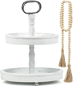 Refurnity 2 Tier Tray and Wood Bead Garland Farmhouse Tiered Tray, Wooden Decorative Serving Stand, Distressed, Rustic for Kitchen Island, Seasonal Decor, Cake, Cupcake Display White