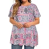 JOELLYUS Plus Size Tops for Women Tunic Floral Casual Short Sleeves T Shirts Flowy Blouses