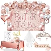 54Pcs Bridal Shower Decorations with Rose Gold Bride to Be Banner, Balloons, Crown, Sash and Veil, Tablecloth, Tattoos and Cake Toppers, Bachelorette Party Decorations Accessories