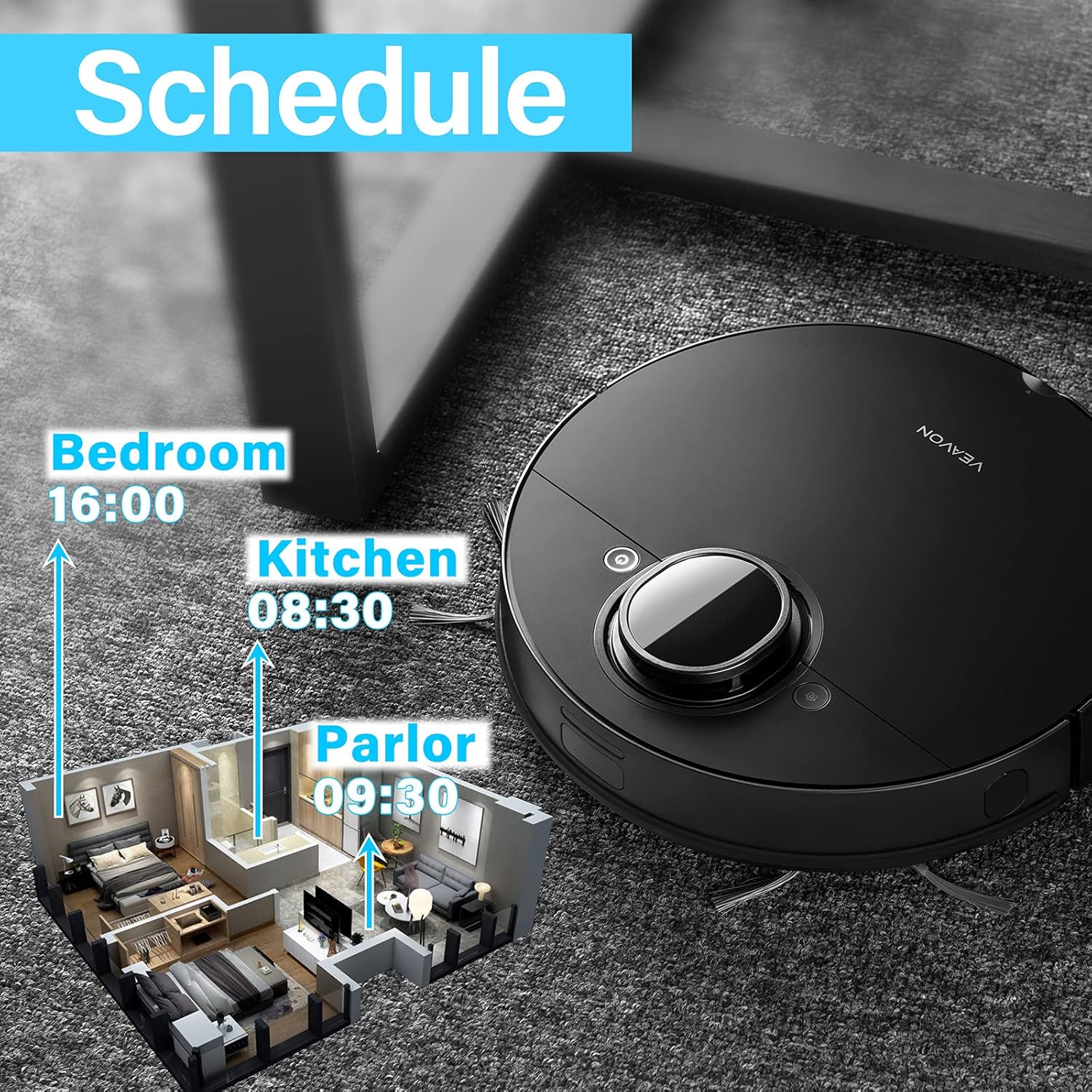 VEAVON V8 Robot Vacuum Cleaner with Wi-Fi Connected, 4000Pa Strong Suction Lidar Robotic Vacuum Cleaner, Automatic Vacuum and Mop Cleaner, Mapping Technology, No-mop Zones, Virtual Walls, Black -