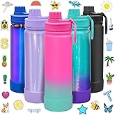 CHILLOUT LIFE 22 oz Kids Insulated Water Bottle for School with Leakproof Spout Lid and Cute Waterproof Stickers, Personalized Stainless Steel Thermos Flask Metal Water Bottle, Frozen Slushy