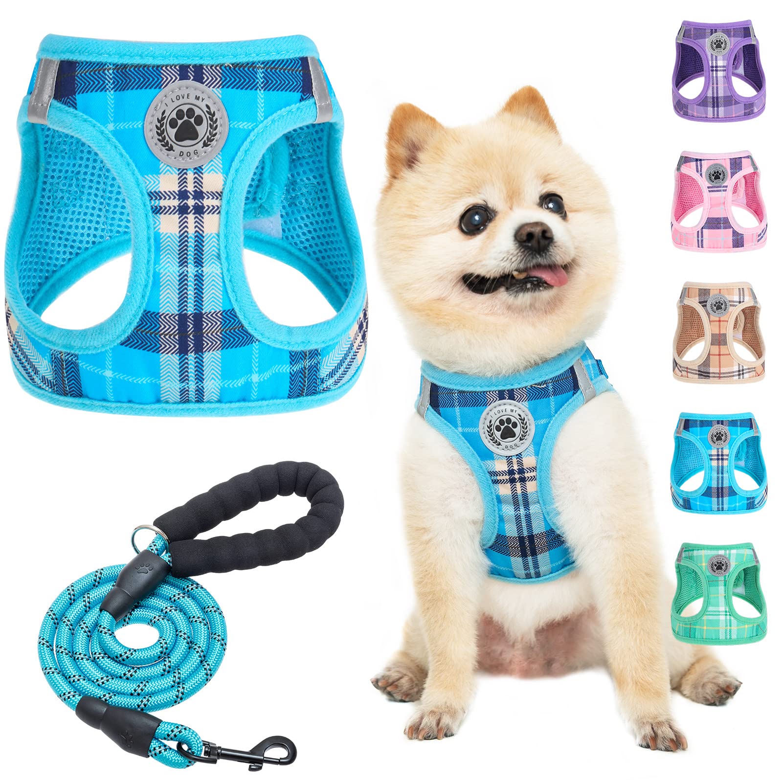 BEAUTYZOO Step in No Chock No Pull Soft Mesh Dog Harness and Leash Set, Reflective for Extra-Small/Small Medium Puppy Dogs and Cats, Plaid Vest Harness for XS S Pets, Blue