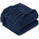 GINAMUSE Chenille Throw Blanket for Couch with Tassels,50"X60" Soft Cozy Lightweight Knitted Boho Decorative Blankets for Bed and Sofa,Navy Blue