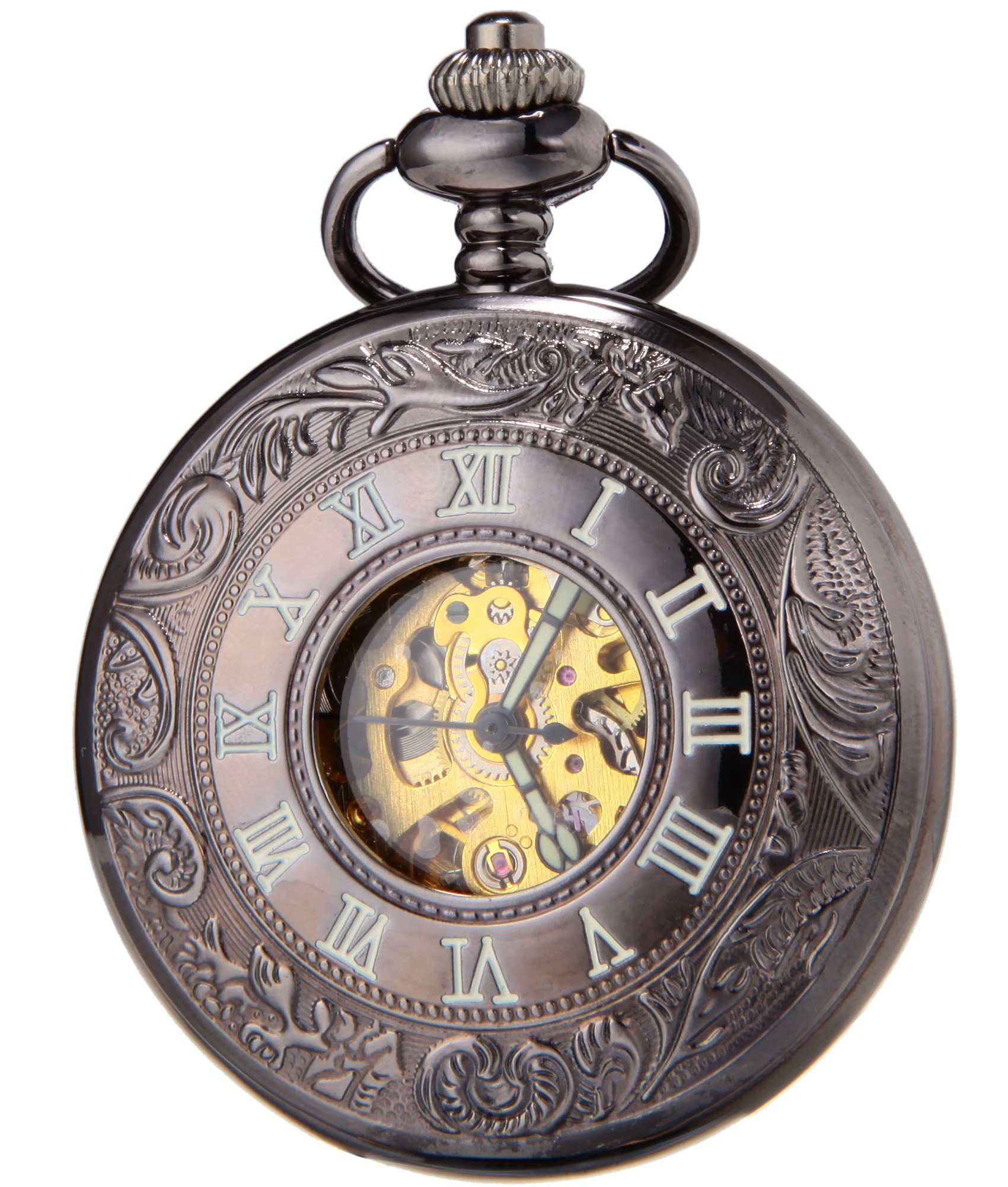 SEWOR Classic Skeleton Movement Automatic Mechanical Self Wind Pocket Watch (Black)