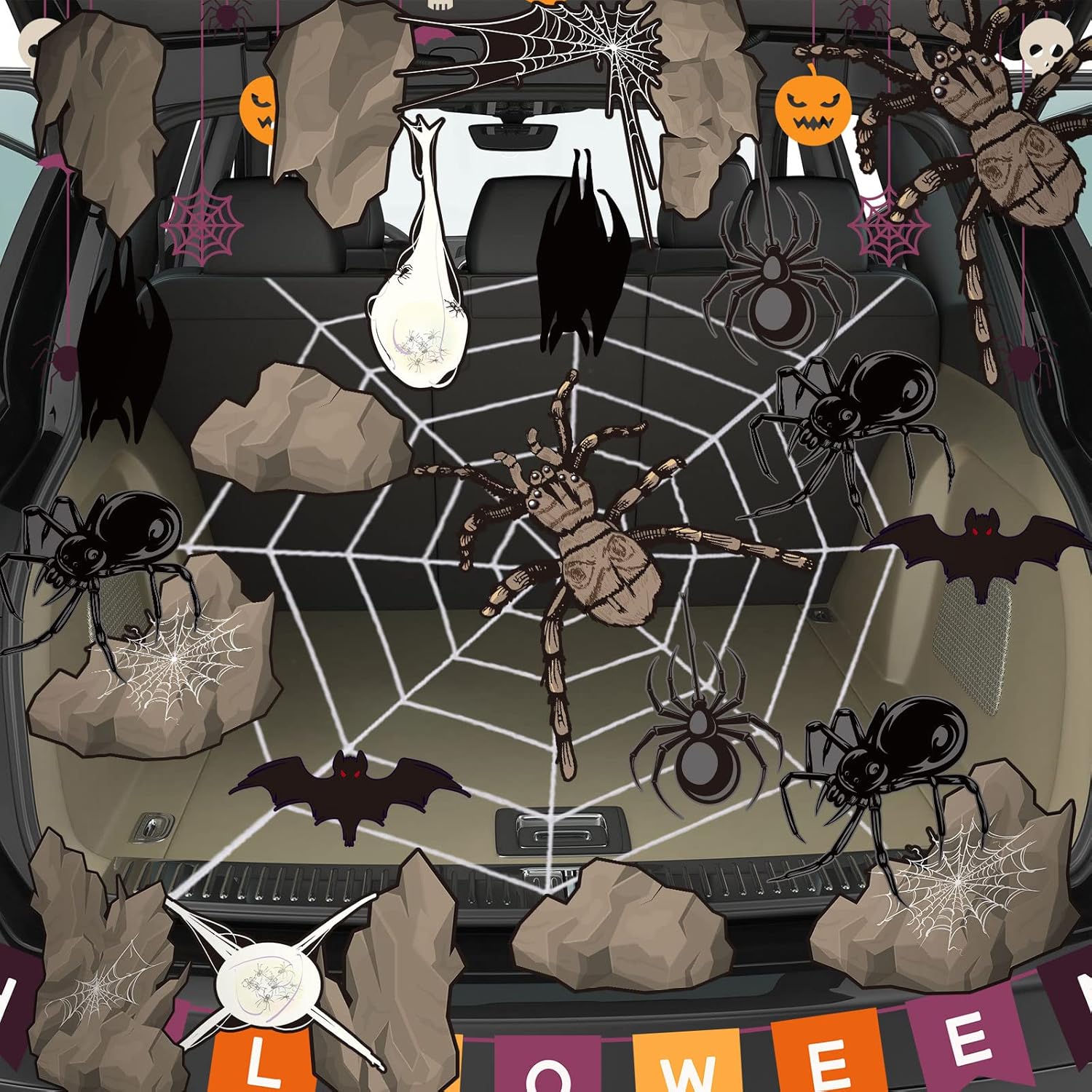 Garage Door Decorations - 20 Pieces Spider Cavern Trunk or Treat Halloween Car Decoration Spiderweb Haunted House Home Decor with Spider Web for Halloween Outdoor Party Decoration