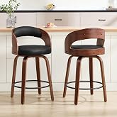 choairy Swivel Bar Stools Set of 2,26" Faux Leather Upholstered Counter Height Barstools with Back,Mid-Century Modern Bar Chairs with Bentwood Legs and Footrest for Kitchen Island Bar Counter Black