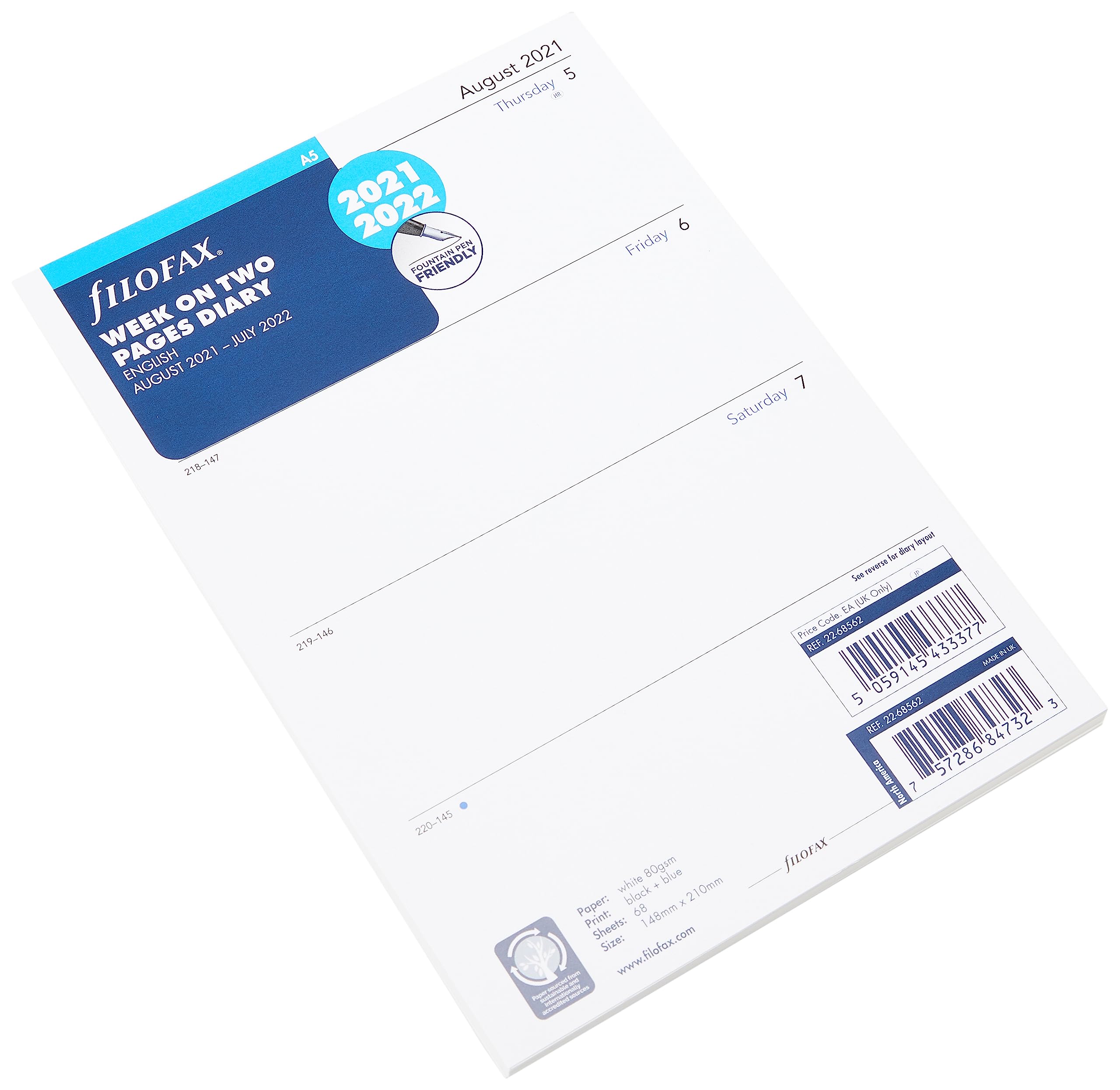 Filofax A5 Week on Two Pages English mid Year Diary August 21 - July 22